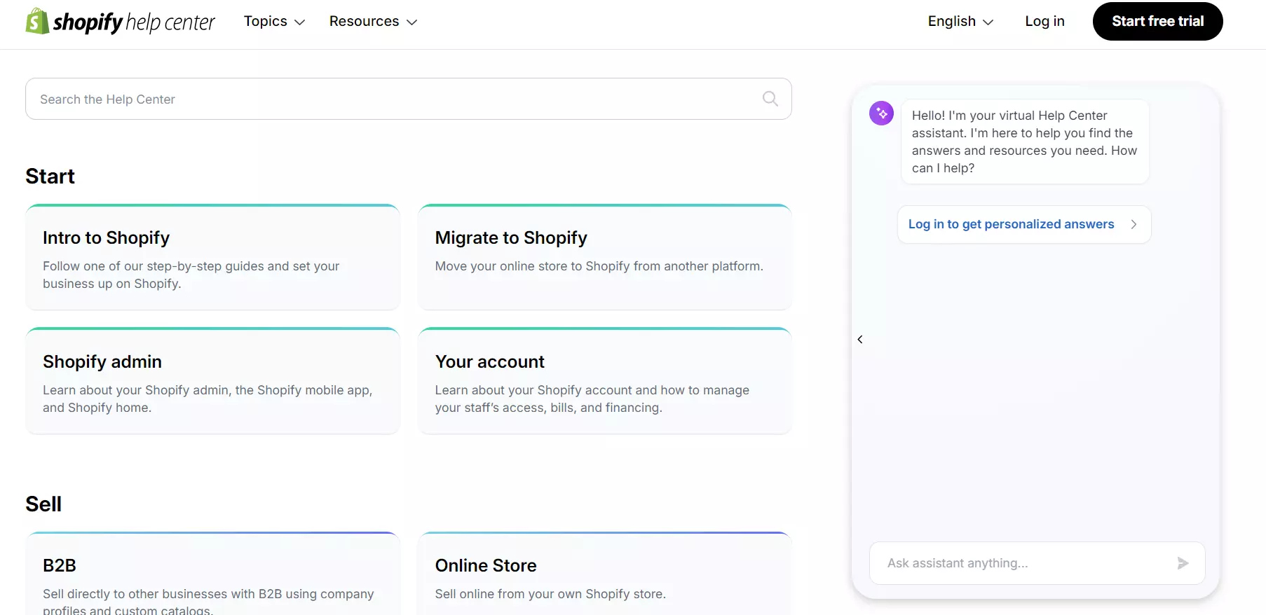 Shopify-homepage met hun chatbox met behulp van een chatbot