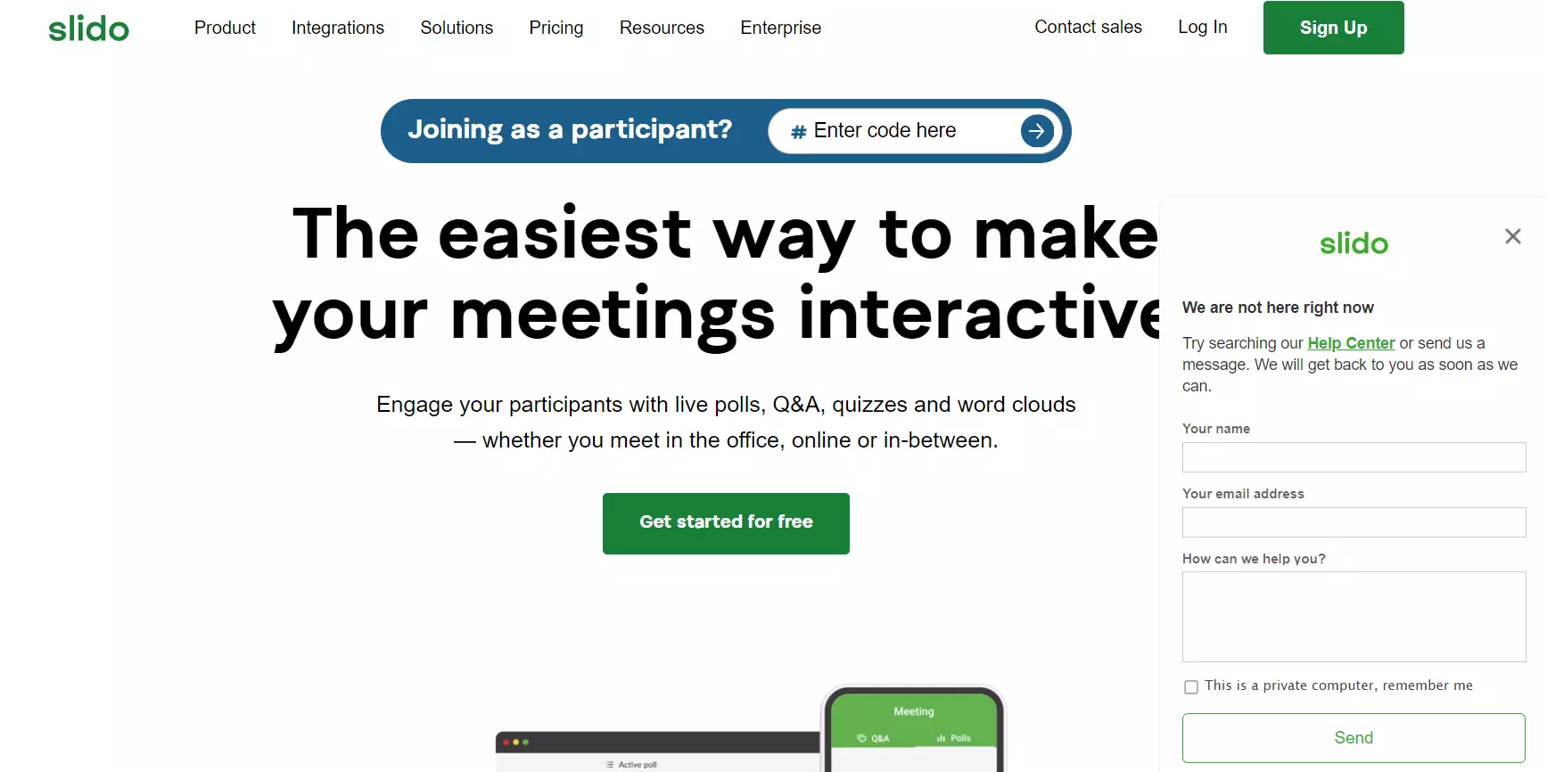 Slido-homepage met hun chatbox