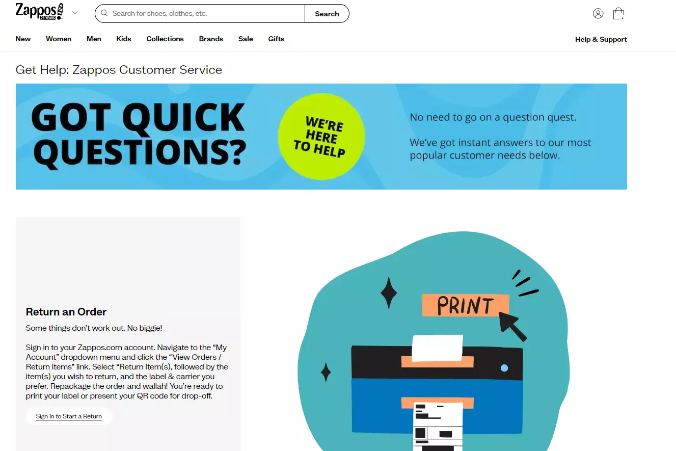 Zappos-ondersteuningspagina met hun ondersteuningsopties