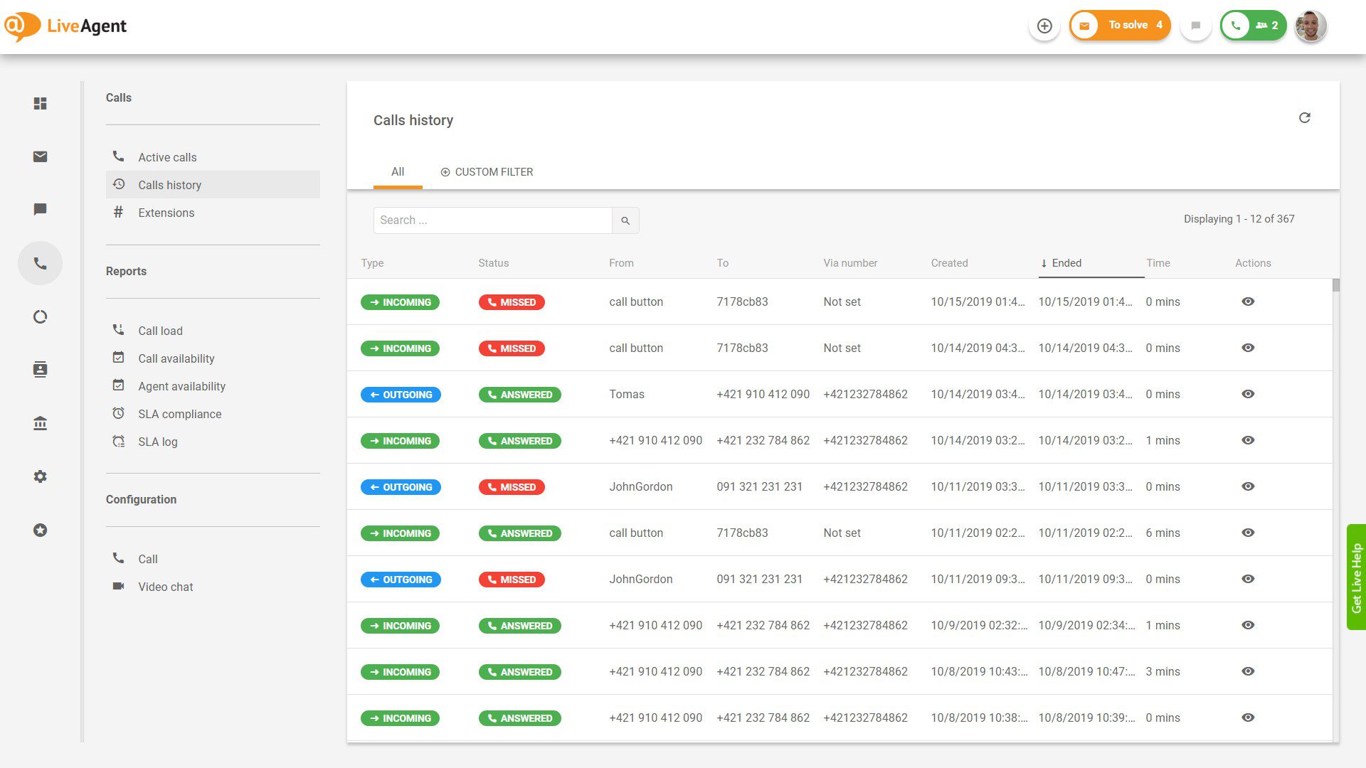 Overzicht van de callcenter-interface in LiveAgent.