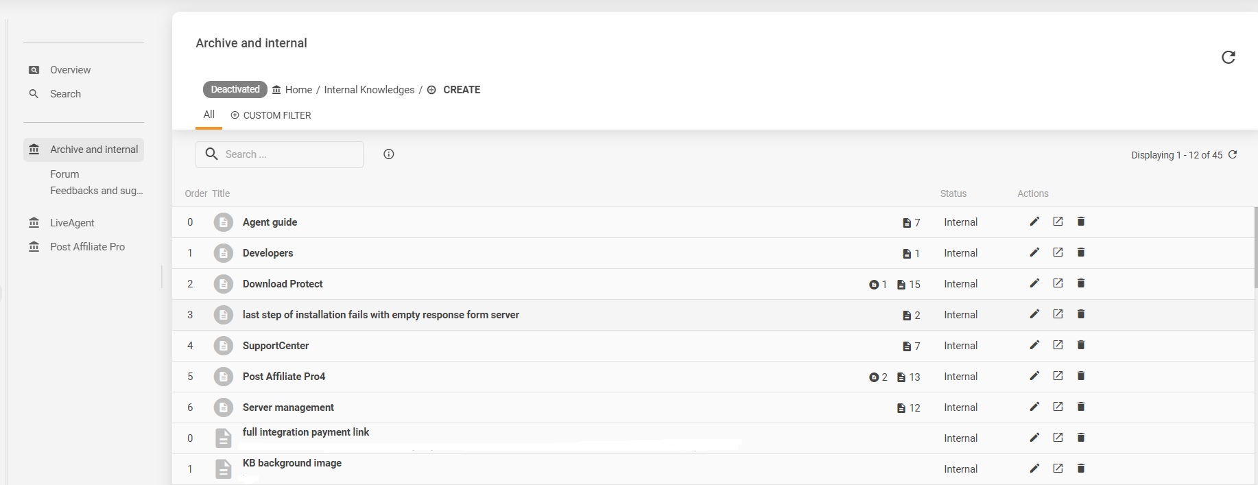 Voorbeeld van LiveAgent's interne knowledge base