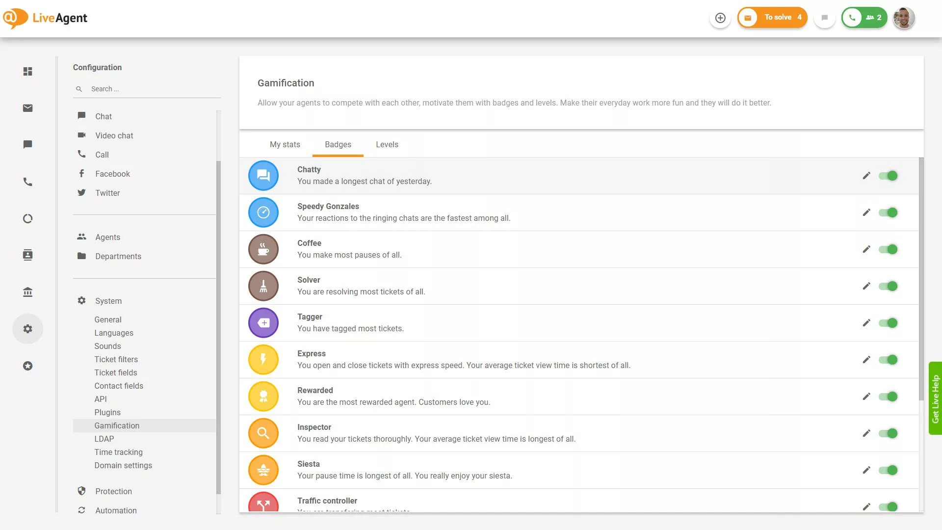 Lijst met beschikbare badges in LiveAgent