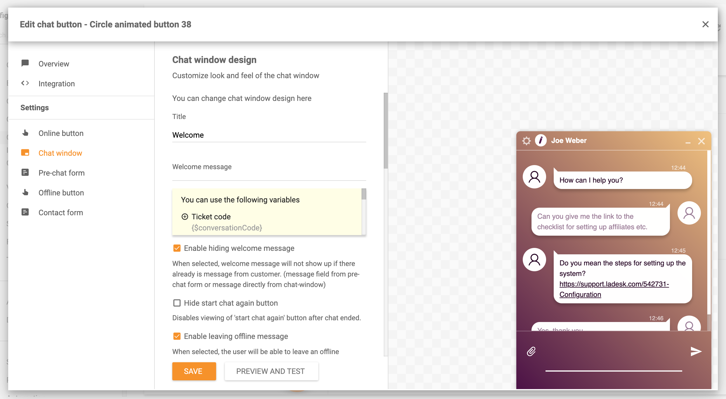 Chatvenster ontwerpopties