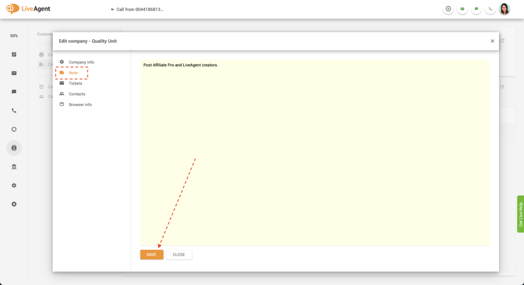 Bedrijfsnotitie in LiveAgent