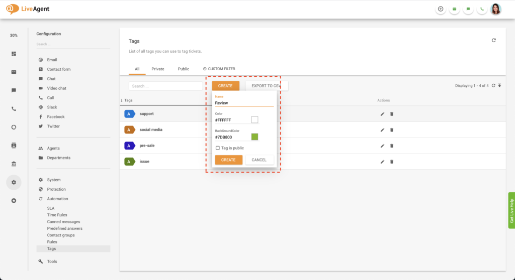 Functie voor het maken van tags in LiveAgent