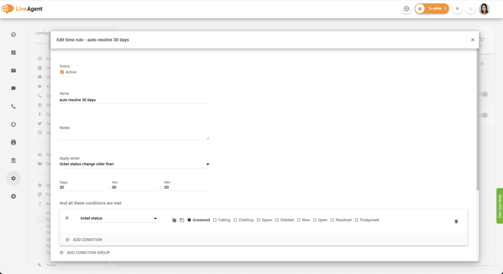Tijdregel bewerken in LiveAgent