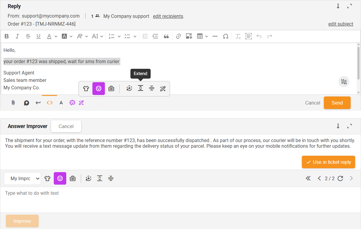 Functie Verlengen AI Answer Improver - interfaceoverzicht
