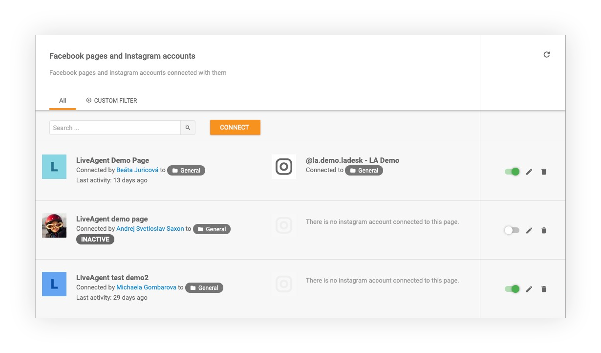 Facebook en Instagram verbonden in LiveAgent