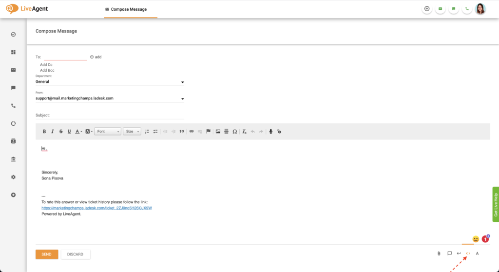 HTML-editorknop in LiveAgent