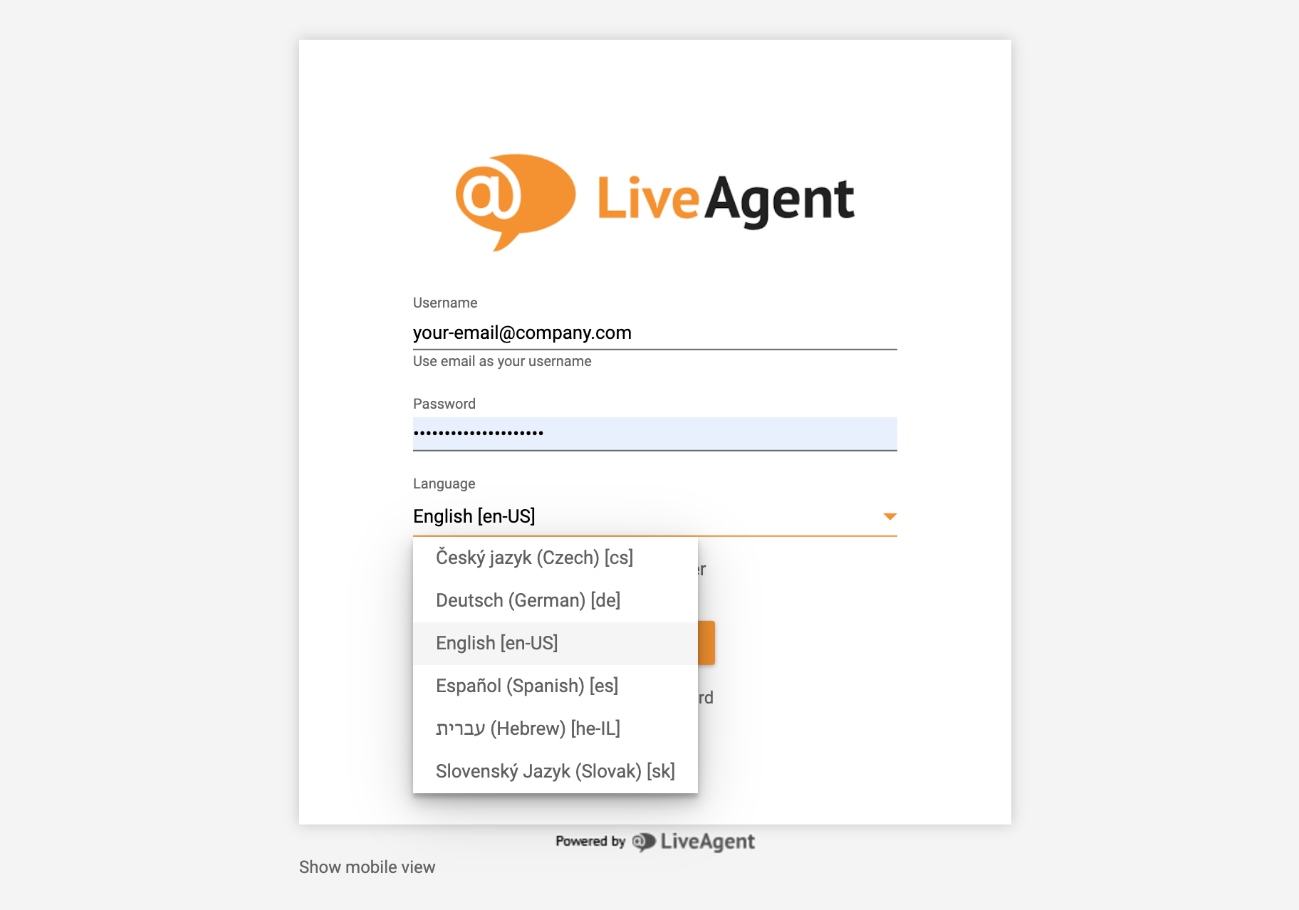 LiveAgent-aanmelding - taalkeuze