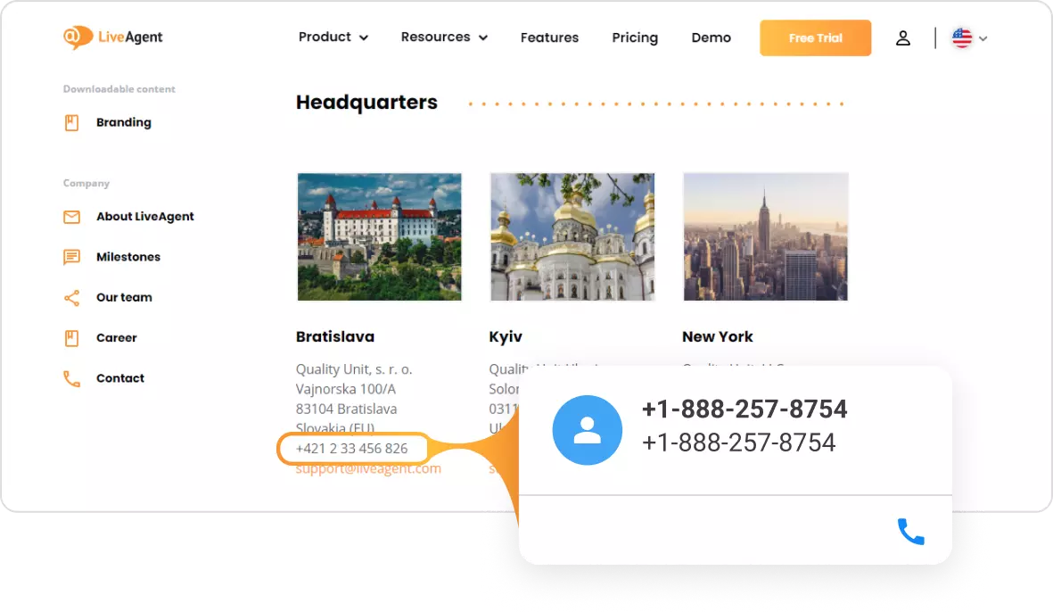 LiveAgent's Click to call contactkaart