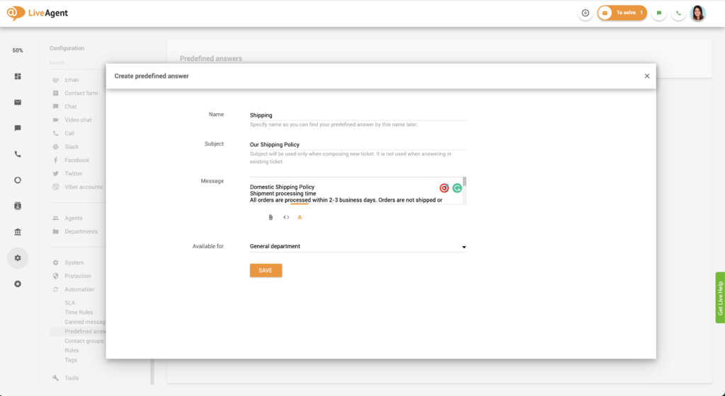 Instelling vooraf ingestelde antwoorden in LiveAgent