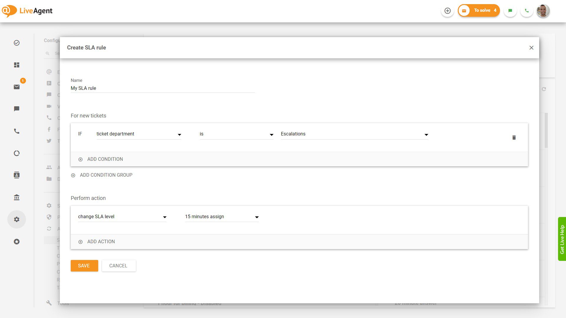 SLA rule creation in LiveAgent