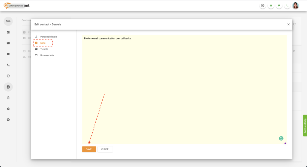 Contactnotitie opslaan in LiveAgent
