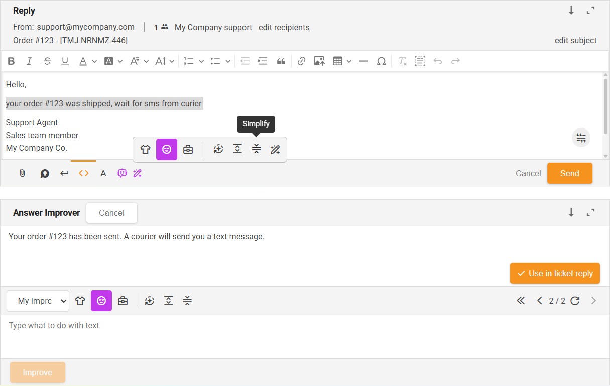 Functie Vereenvoudigen AI Answer Improver - interfaceoverzicht