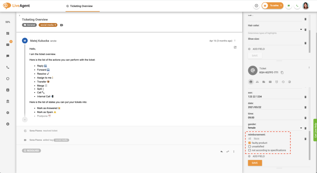 Voorbeeld van ticketvelden selectievakjegroep