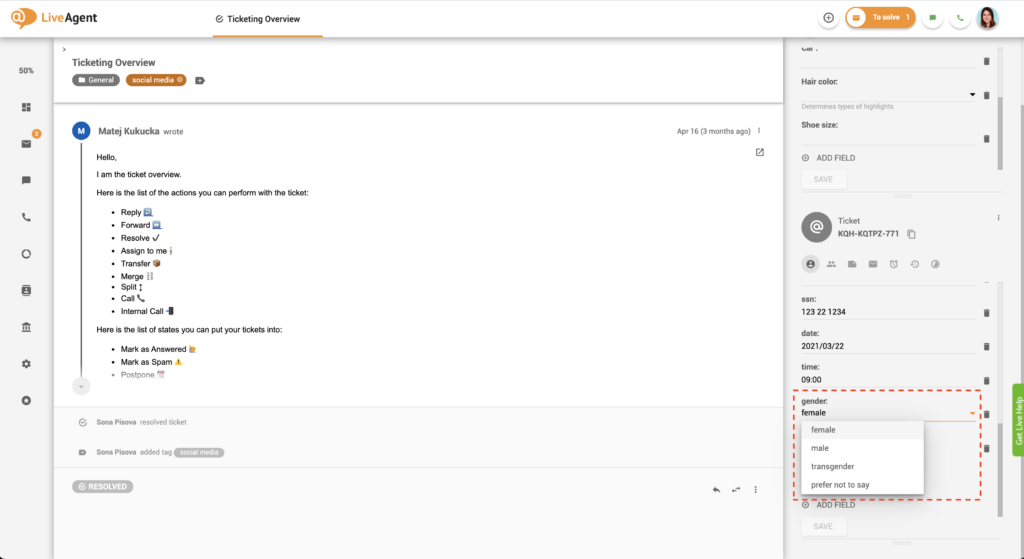 Voorbeeld van ticketvelden keuzelijst