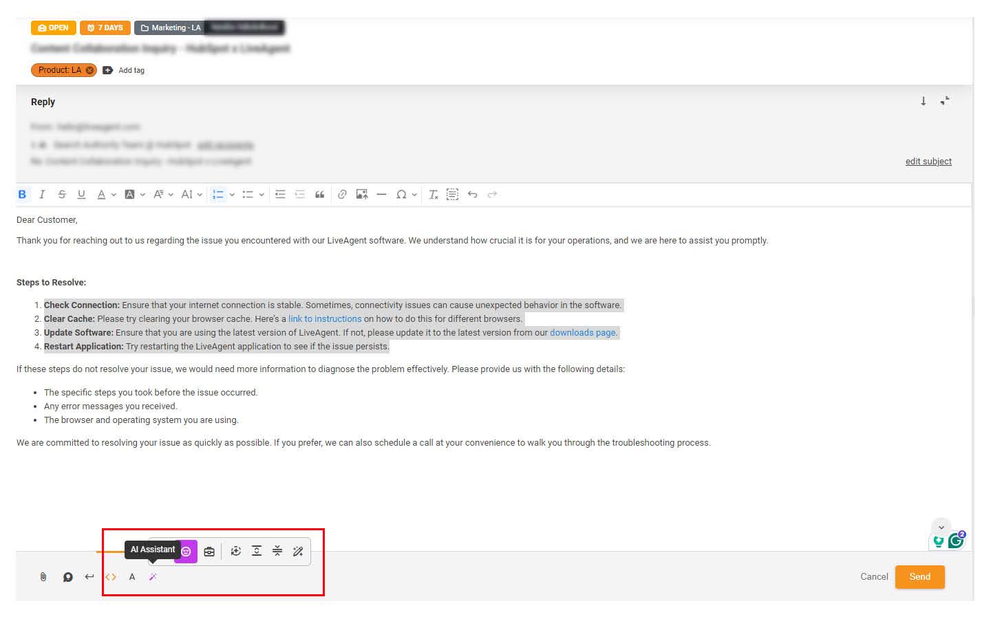 Afbeelding met het supportticket en de gemarkeerde AI-assistentfunctie