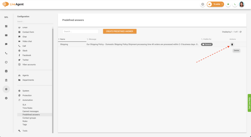 Vooraf ingesteld antwoord verwijderen in LiveAgent