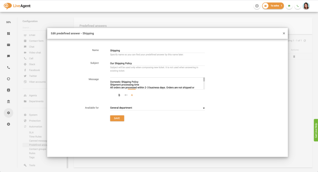 Vooraf ingestelde antwoorden bewerken in LiveAgent