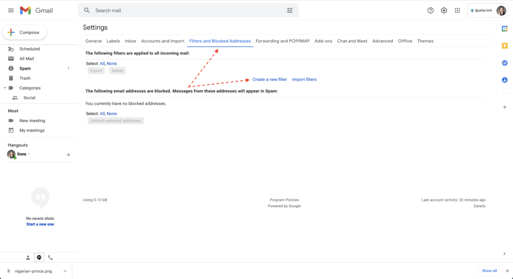 Gmail spam-filteringvoorbeeld 1