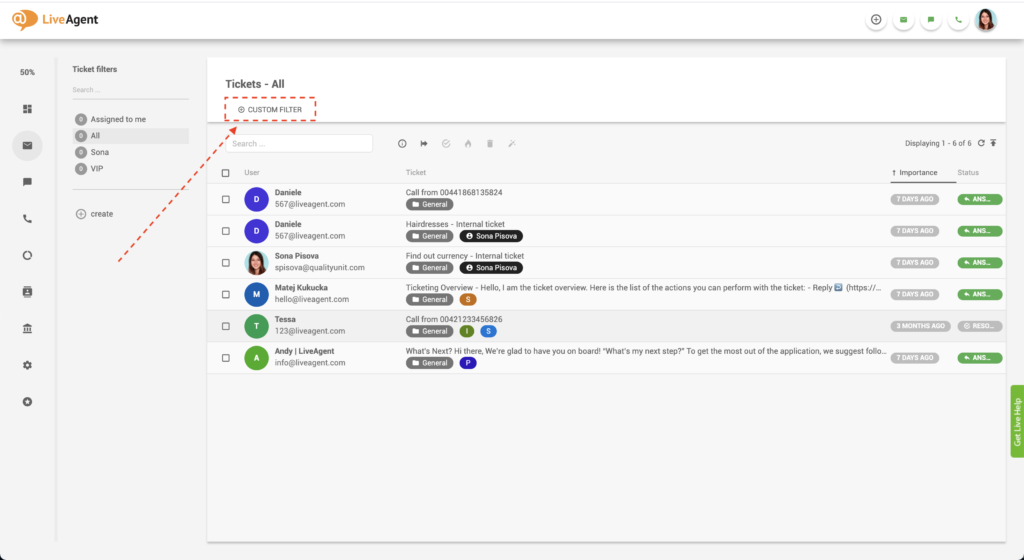 LiveAgent Custom filter