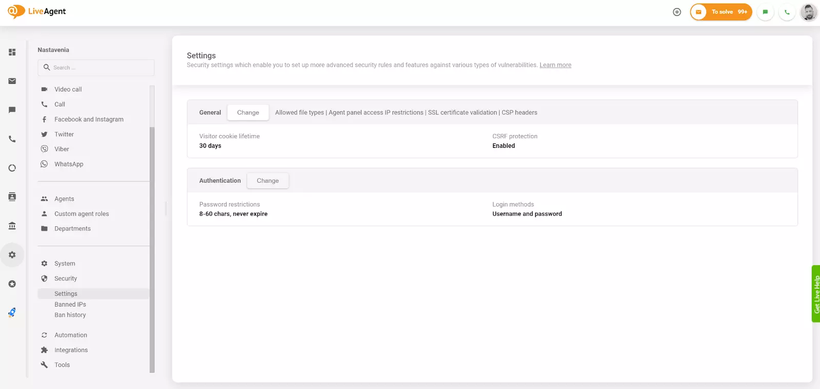 Authenticatie-instelling wijzigen in LiveAgent