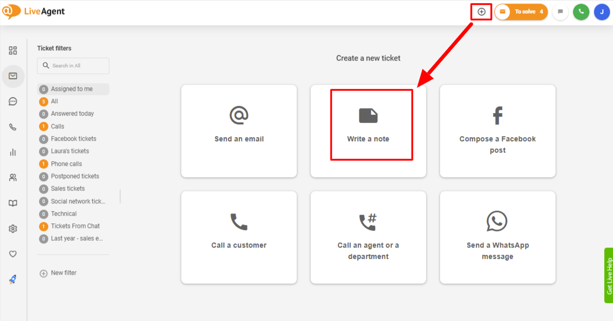 LiveAgent gebruik interne notities om een ticket aan te maken