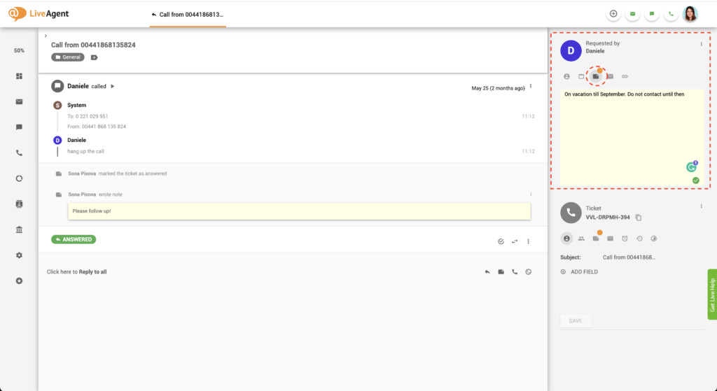Liveagent klantennotitie