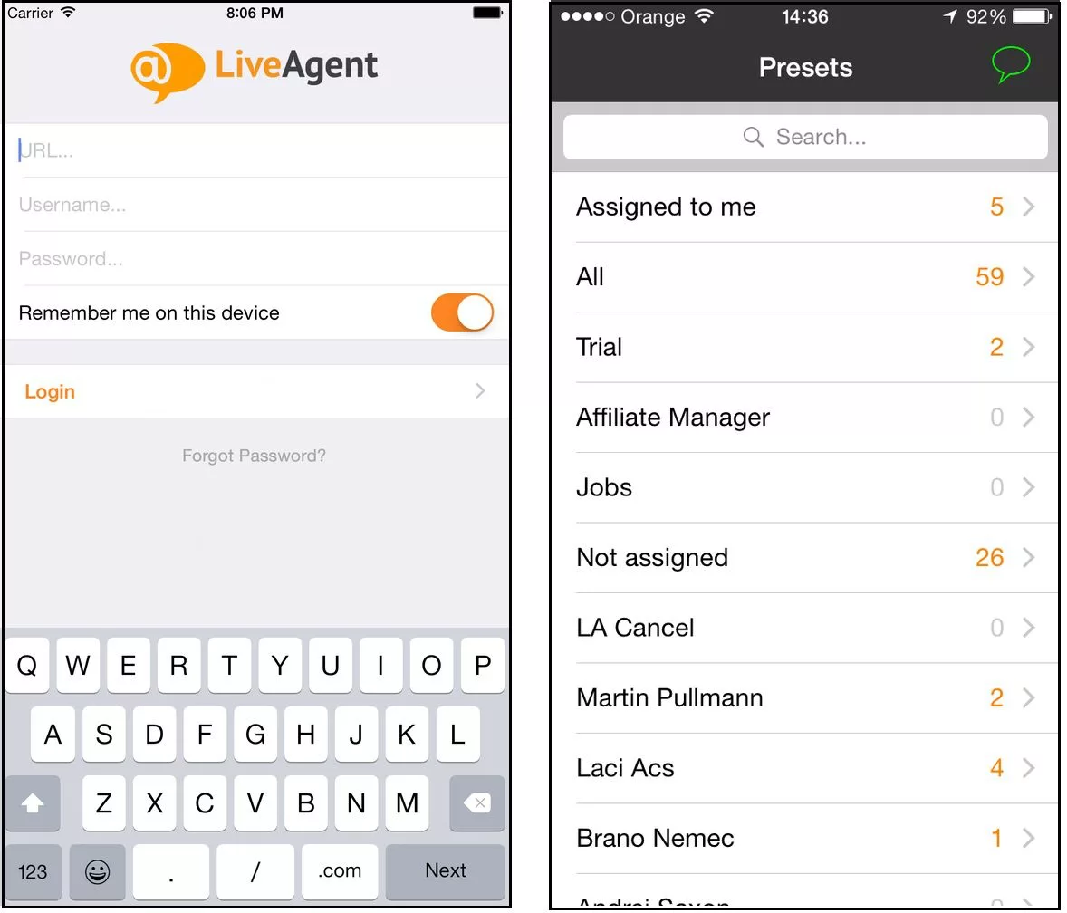 LiveAgent iOS-applicatie-interface