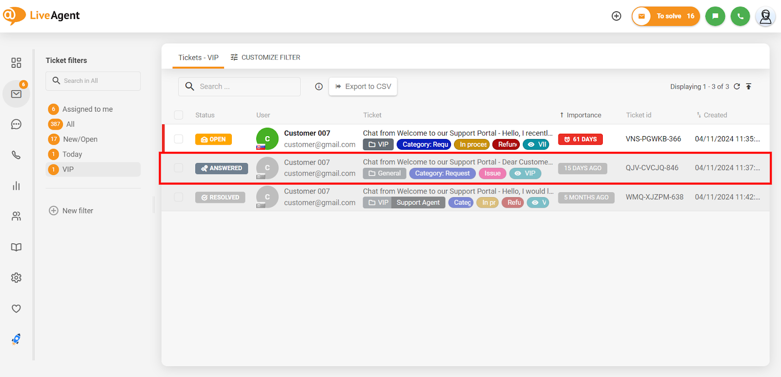 LiveAgent-interface met de stappen om een gesprekslogboek te exporteren