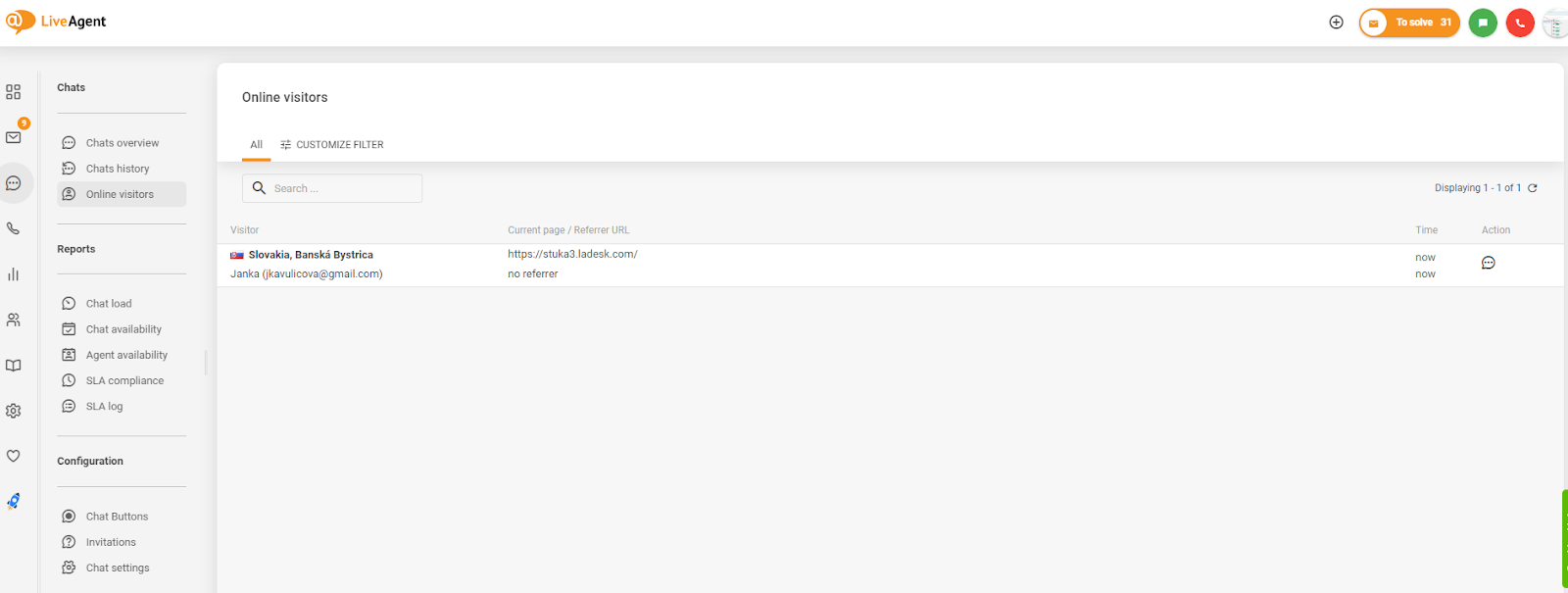 Screenshot van website visitor tracking in LiveAgent