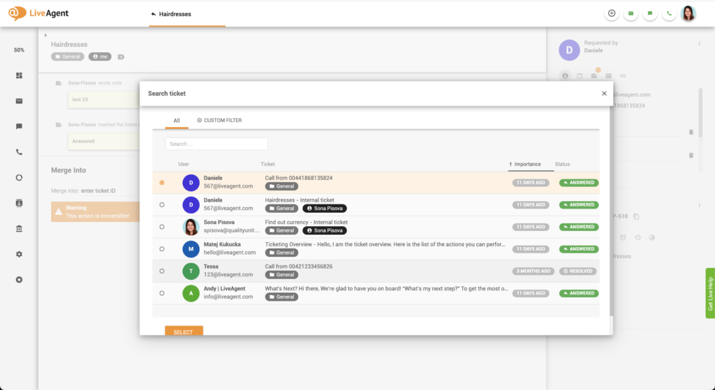 Selecteer ticket om samen te voegen