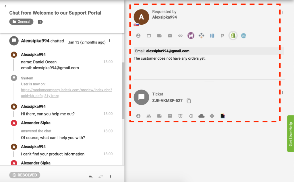 Active Shopify plugin in LiveAgent