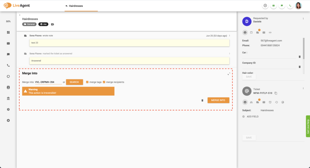 Twee tickets samenvoegen