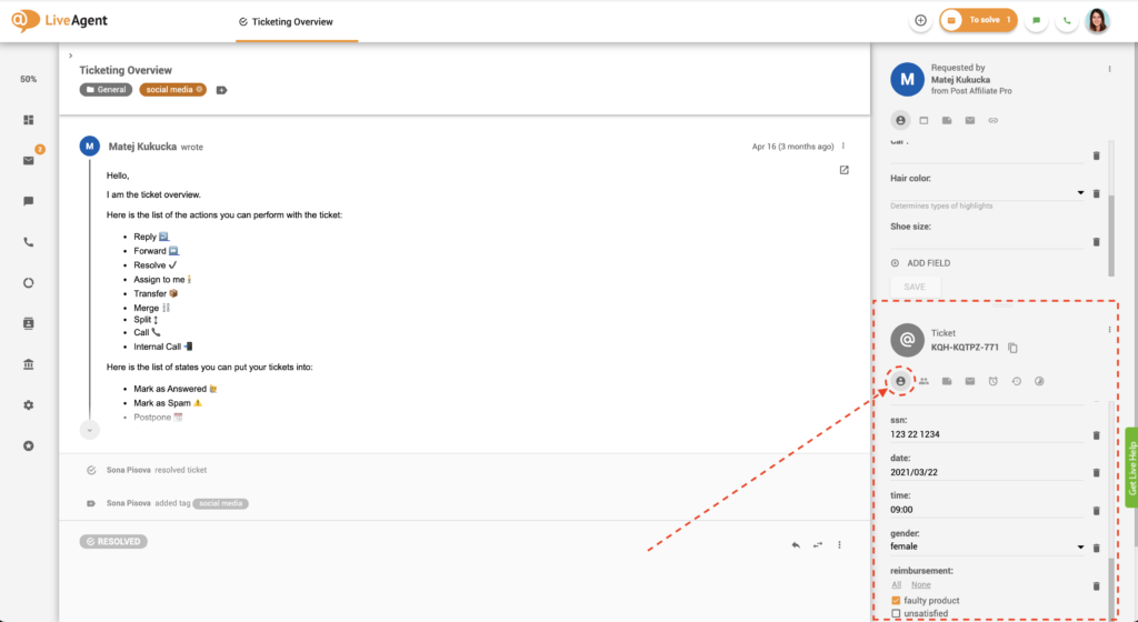 Ticketvelden in ticketweergave