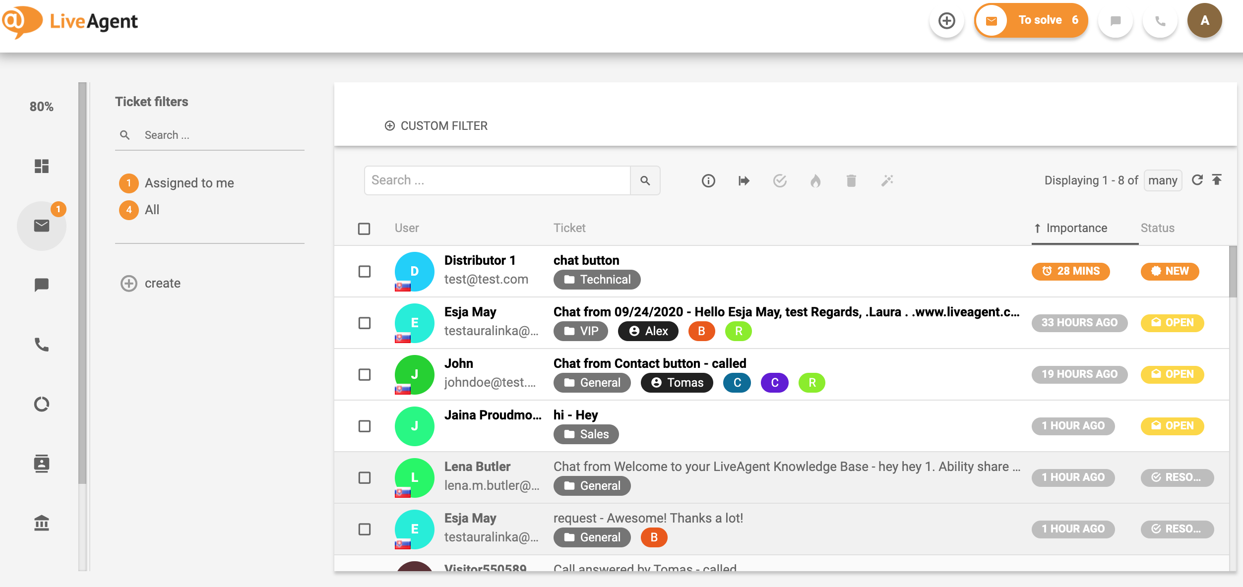 Overzicht van de ticketing-interface in LiveAgent.