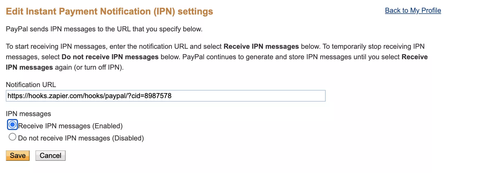 Instant Payment Notification instellingensectie in PayPal