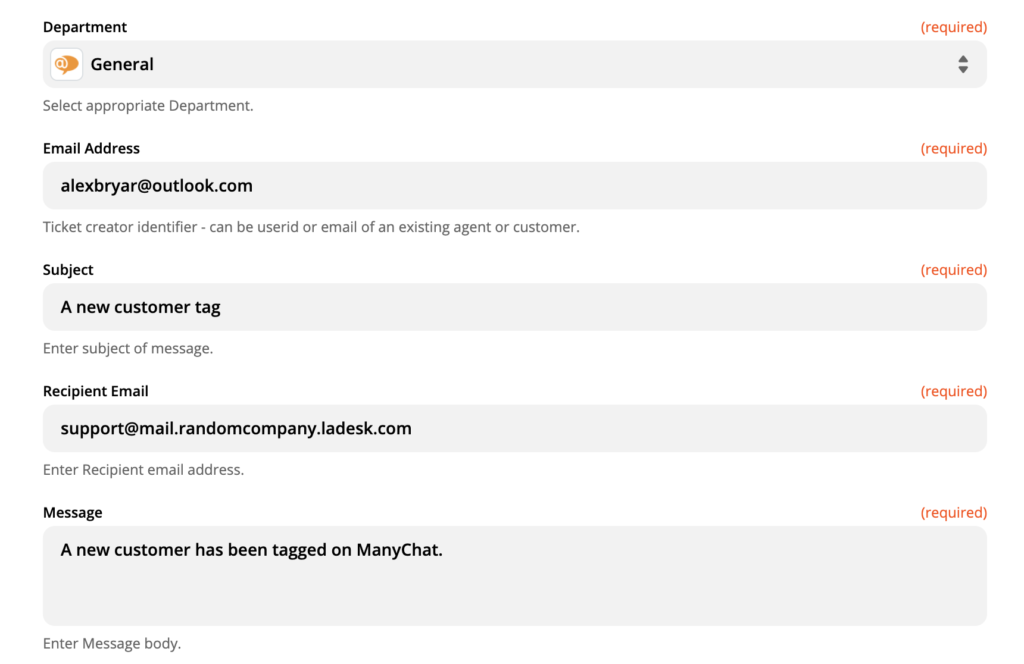 LiveAgent-actieinstellingen op Zapier
