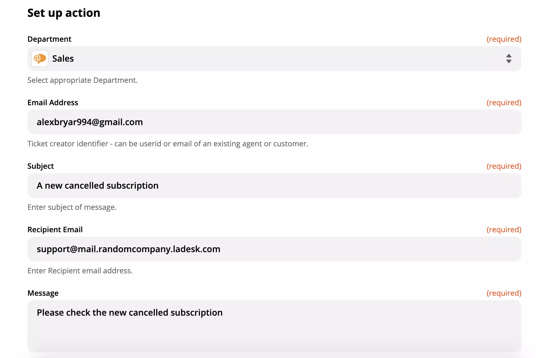 Een voorbeeld van de instelling van een LiveAgent-actie