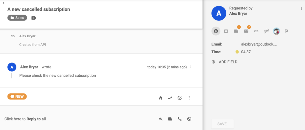 Een ticket over een nieuw geannuleerd abonnement