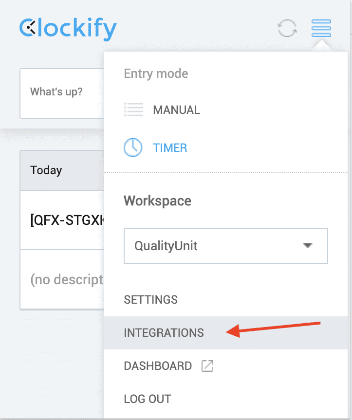 Clockify integraties menu