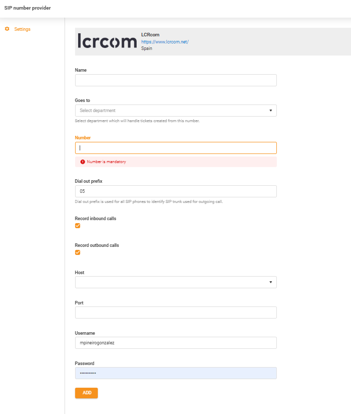 LCRcom-inloggegevens invoer in LiveAgent