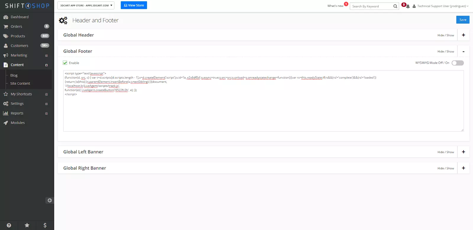 Shift4Shop-instellingen met code-aanpassingsoptie
