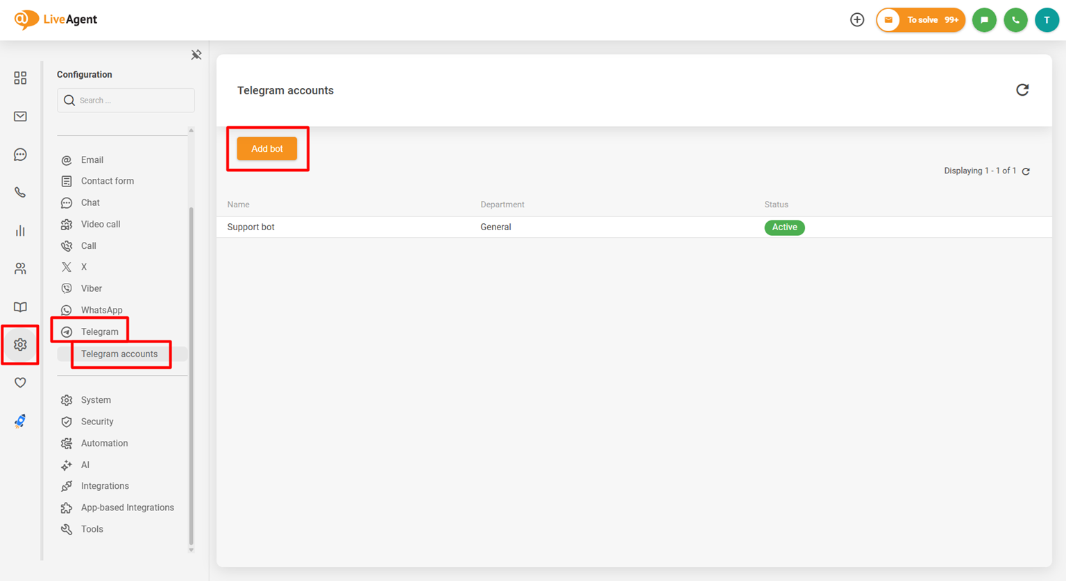 Screenshot van LiveAgent Telegram-integratie configuratiepaneel met de knop Bot toevoegen