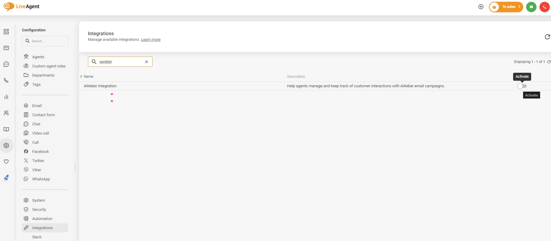AWeber-integratie in LiveAgent activeren