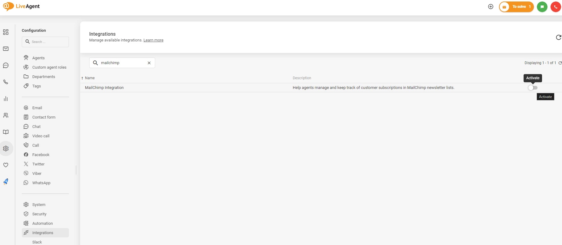 Mailchimp-integratie activeren in LiveAgent