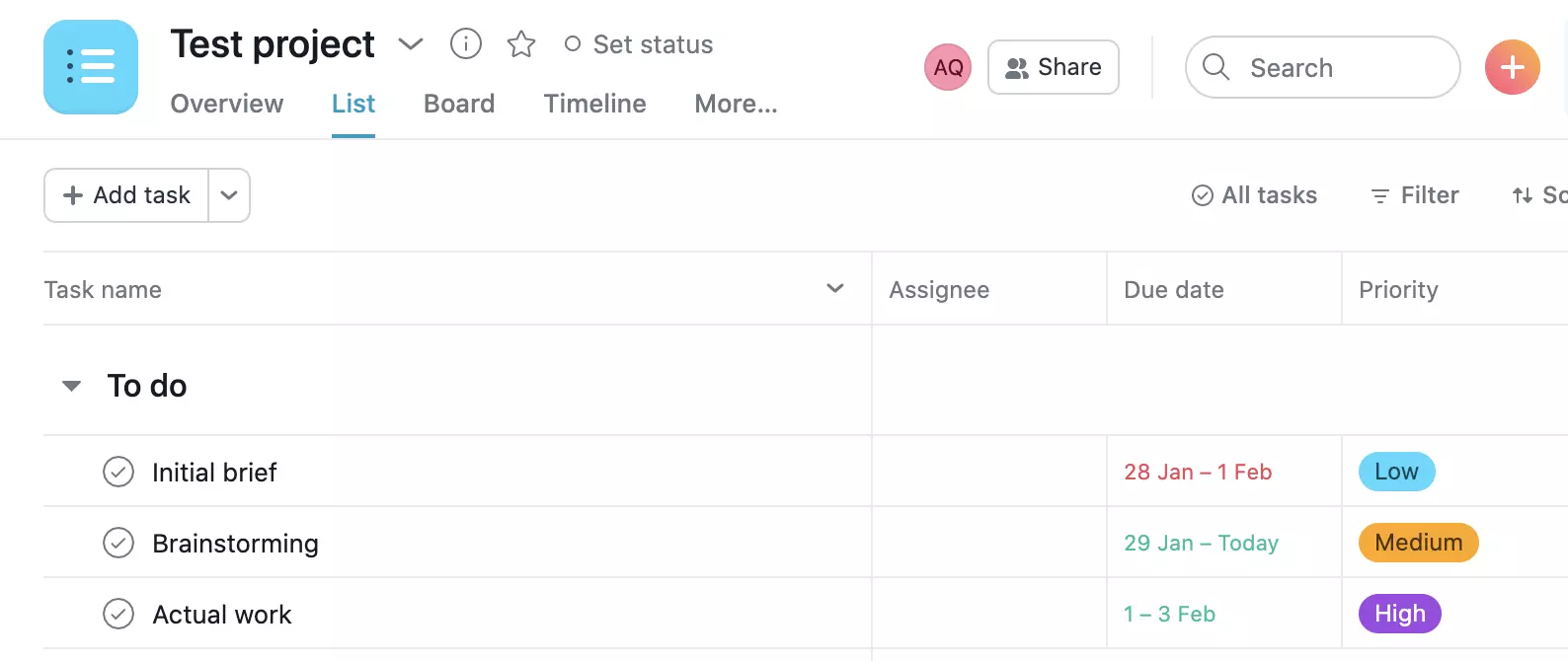 Asana-projectvoorbeeld