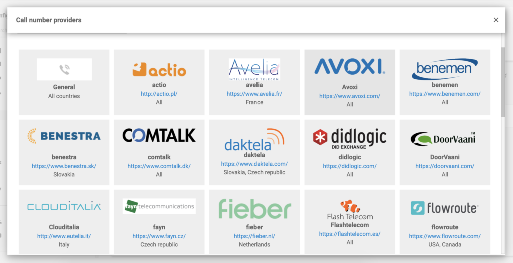 Avoxi in de lijst met VoIP-providers in LiveAgent-configuratie