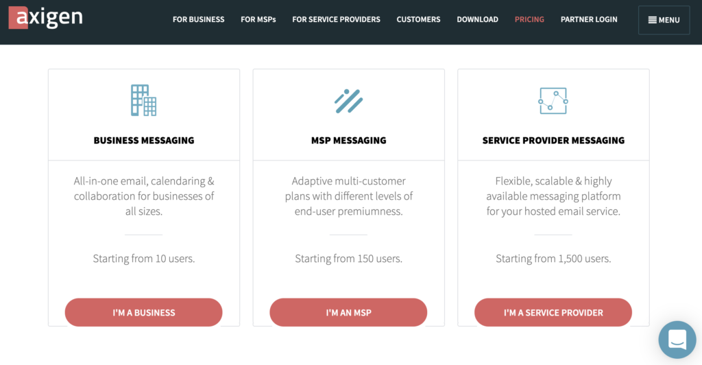 Axigen-website met prijsplannen